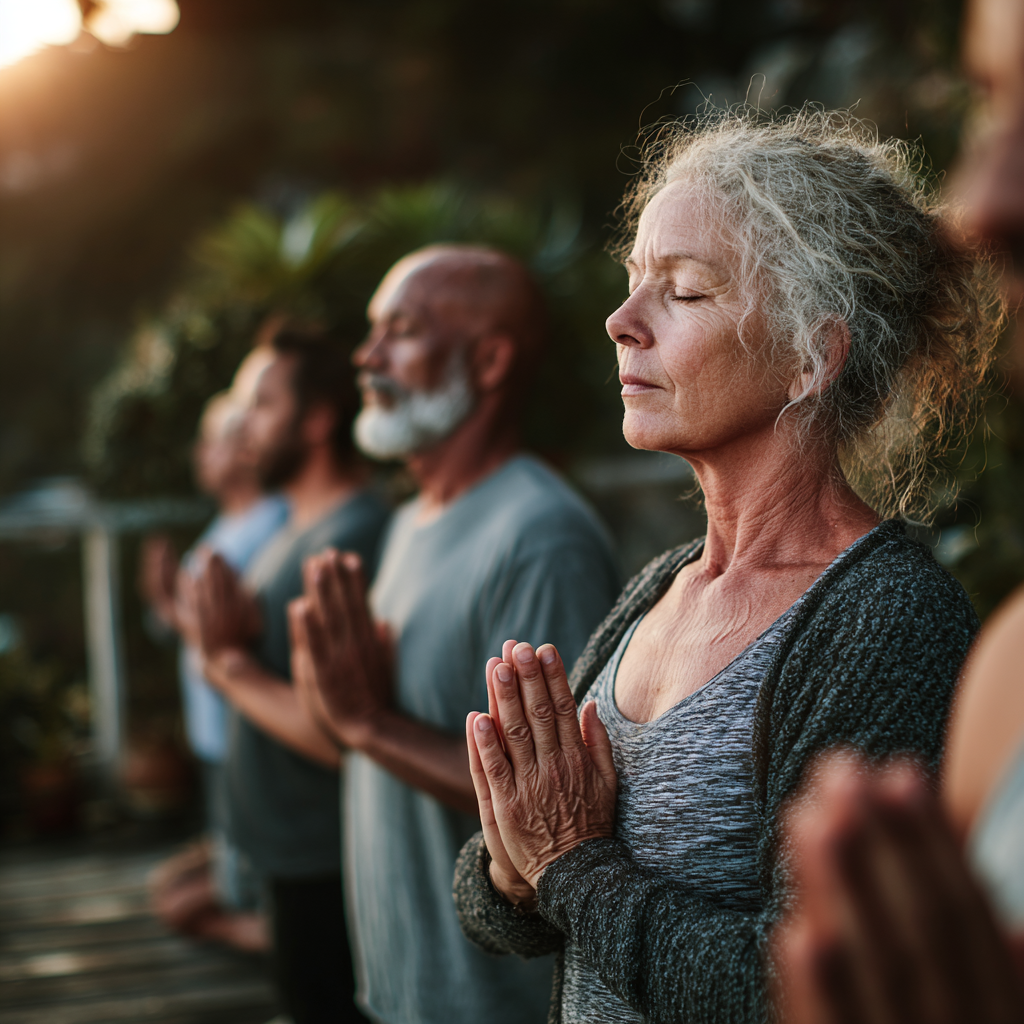 Group of adults aged 40-55 practicing yoga outdoors during retreat in natural mountain setting with peaceful atmosphere